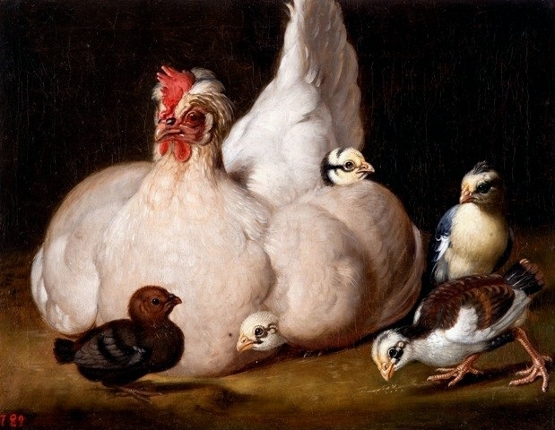 Oil painting of a white hen with five chickens